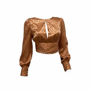 Lulu's Gold Satin Leopard/Cheetah Print Blouse/ NWT/ cropped/Size M/long sleeved
